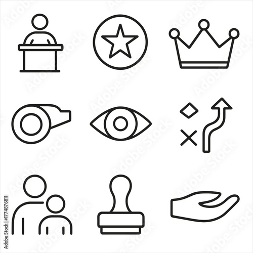 Leadership Icons Grid. Outline icon set of project management: Gantt chart, checklist, milestone flag,