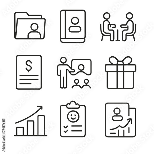 HR Icons Set. Outline icon set of HR functions: employee file, policy book, interview icon, handshake, payroll