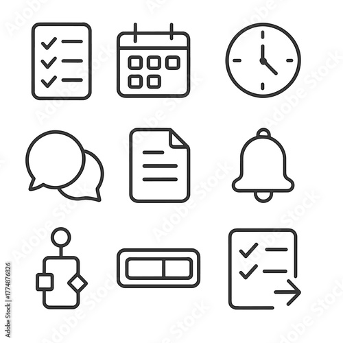 Productivity Icons Grid. Outline icon set of productivity tools: checklist, calendar, clock, chart, group chat