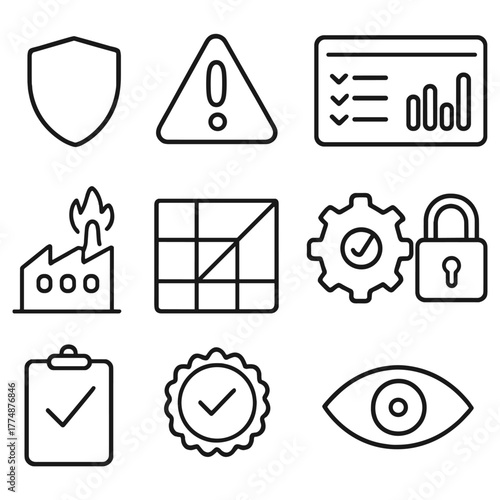 Risk Management Icons. Outline icon set of risk management: shield icon, warning triangle, checklist,