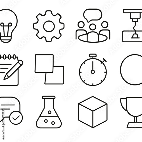 Innovation Workshop Icons. Outline icon set of innovation workshops: light bulb, gear icon, group discussion,