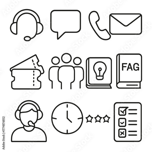 Customer Support Icons. Outline icon set of customer support teams: headset, chat bubble, phone handset, email