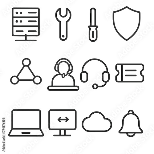 IT Support Icons Set. Outline icon set of IT support teams: server rack, wrench icon, screwdriver, shield icon