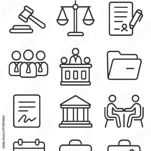 Legal Teamwork Icons. Outline icon set of legal teamwork: gavel, scales of justice, contract, pen, group of