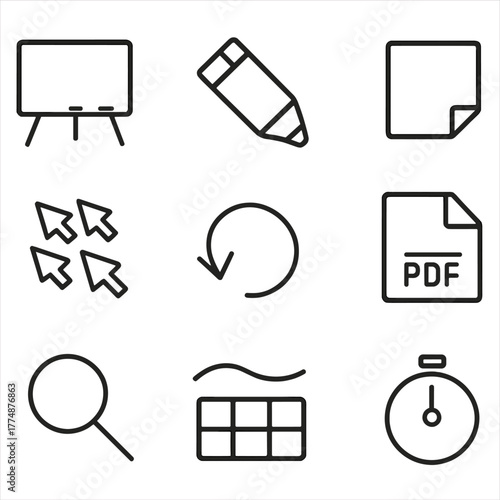Virtual Whiteboard Icons. Outline icon set of virtual whiteboarding: whiteboard icon, marker pen, eraser,
