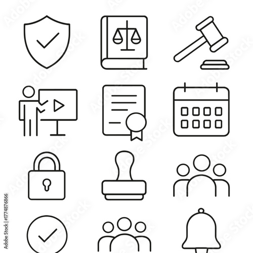 Compliance Icon Set. Outline icon set of compliance teams: shield check, law book, gavel, checklist, training