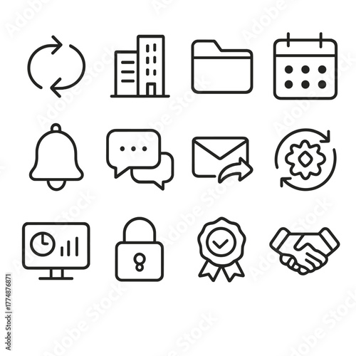 Cross-Department Sync Icons. Outline icon set of cross-department sync: two arrows, department icons, shared
