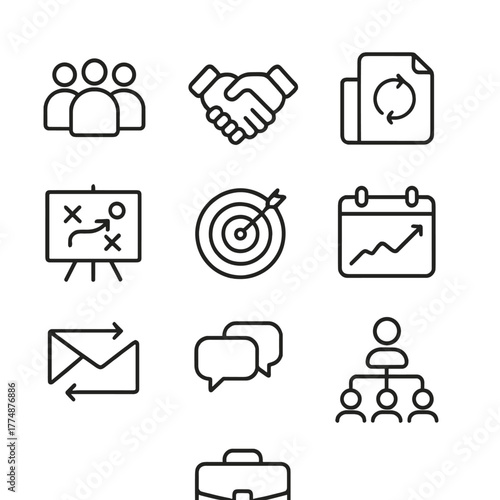 Corporate Icons Grid. Outline icon set of corporate teamwok: group of people, handshake, conference table,