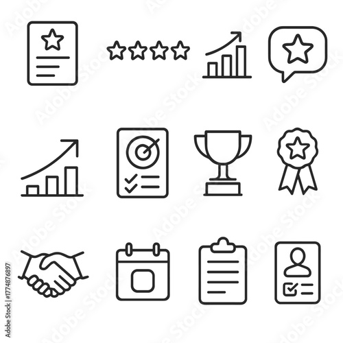 Performance Review Icons. Outline icon set of performance review: report card, star rating, bar chart,