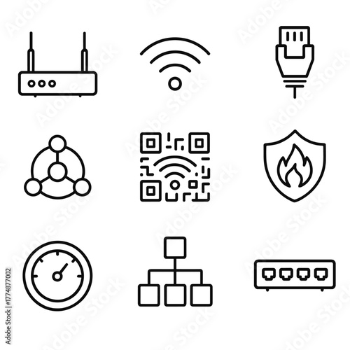 Network Icons Grid. Outline icon set of network and Wi-Fi: router, modem, Wi-Fi signal, ethernet cable, mesh