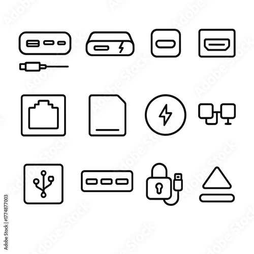 Docking Icons Grid. Outline icon set of docking and hubs: USB-C dock, Thunderbolt hub, HDMI port, DisplayPort,