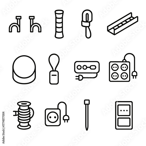 Cable Management Icons. Outline icon set of cable management: cable clips, cable sleeve, velcro tie, cable
