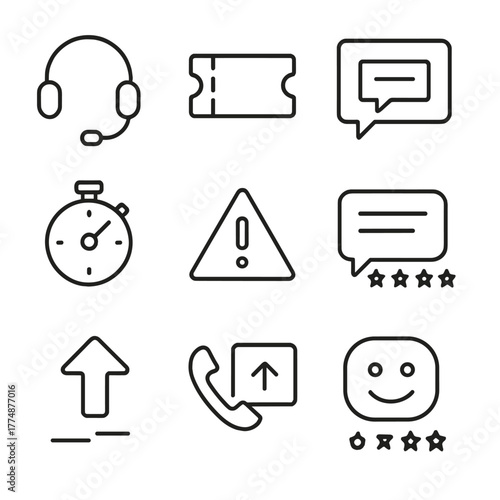 Customer Support Icons. Outline icon set of customer support tools: headset, ticket, knowledge base, chat