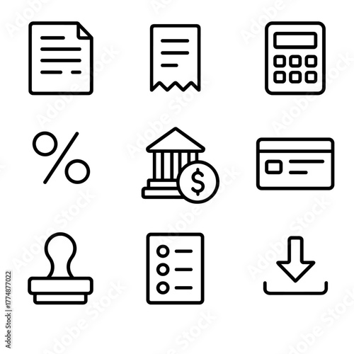 Finance Icon Grid. Outline icon set of finance and invoicing tools: invoice, receipt, dollar sign, calculator,