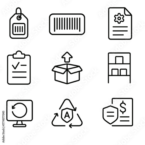 Equipment Inventory Icons. Outline icon set of equipment inventory: asset tag, barcode, serial number, gear
