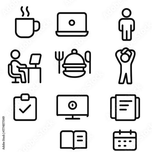 Daily Routine Icons. Outline icon set of daily routine and rituals: morning coffee, start computer, checklist,