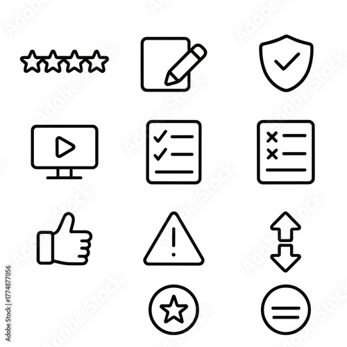 Review Icons Grid. Outline icon set of reviews and ratings: star rating, write review, verified buyer, photo