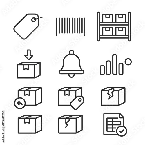 Inventory Icons Grid. Outline icon set of inventory management: SKU tag, barcode, shelf, inbound box, outbound