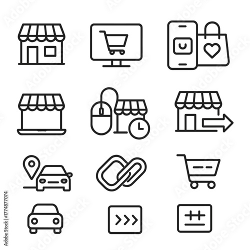 Omnichannel Retail Icons. Outline icon set of omnichannel retail: store icon, web shop, mobile app, social