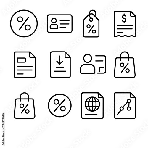 Tax Icon Set. Outline icon set of taxes and invoices: tax percentage, VAT number, GST tag, invoice, credit