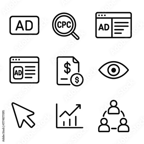 Search Marketing Icons Grid. Outline icon set of search engine marketing: ad badge, CPC coin, keywords, ad