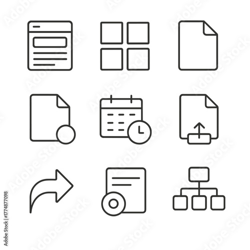 CMS Icon Grid. Outline icon set of content management: CMS page, block, component, template, draft, schedule,
