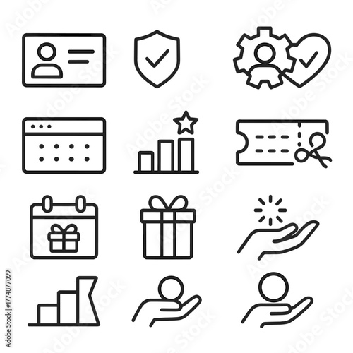 Loyalty Program Icons. Outline icon set of loyalty identity: profile card, verification badge, preferences,