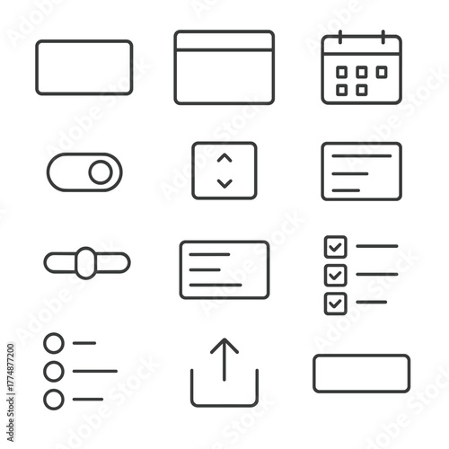 Form Icons Grid. Outline icon set of forms and inputs: text field, textarea, number stepper, date picker, time