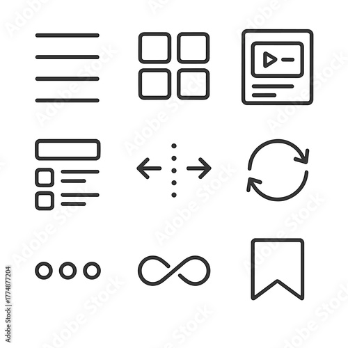 Outline Icon Grid. Outline icon set of lists and cards: list view, grid view, card tile, media list, swipe