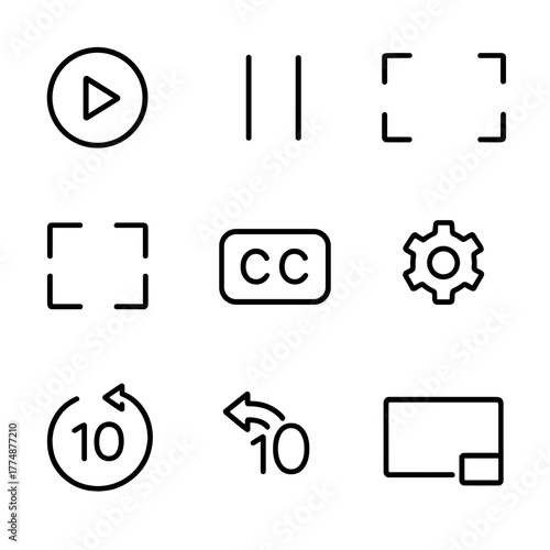 Video Player Icons. Outline icon set of video player: play circle, pause bars, seek bar, fullscreen, exit