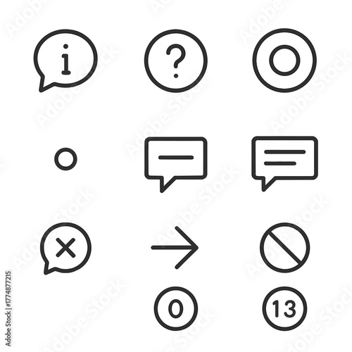 Tooltip Icons Grid. Outline icon set of tooltips and helpers: info tooltip, help icon, coach mark, spotlight