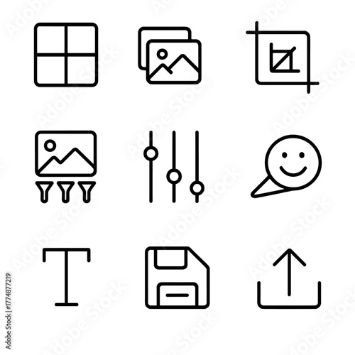 Gallery Editing Icons. Outline icon set of gallery and editing: photo grid, select multiple, crop, rotate,