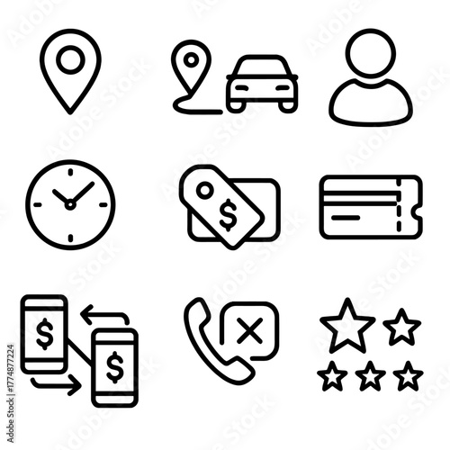 Ride Hailing Icons. Outline icon set of ride hailing: pickup pin, destination pin, car icon, driver avatar,