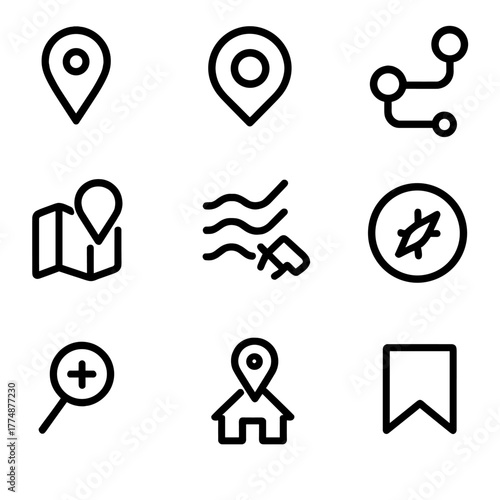 Location Icon Set. Outline icon set of maps and location: map pin, current location, compass, route line,