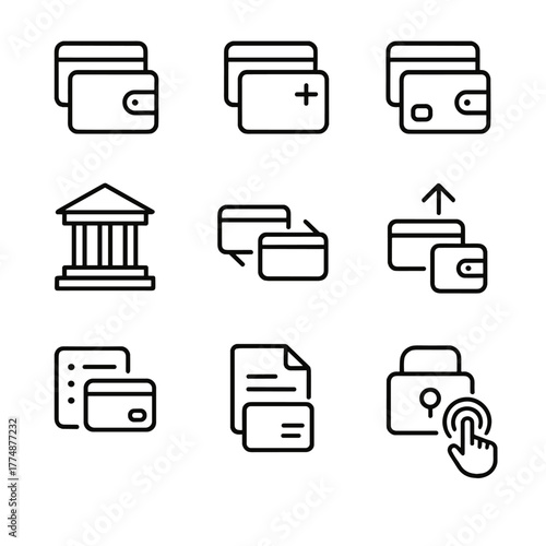 Digital Wallet Icons. Outline icon set of digital wallet: wallet card, add card, remove card, default card,
