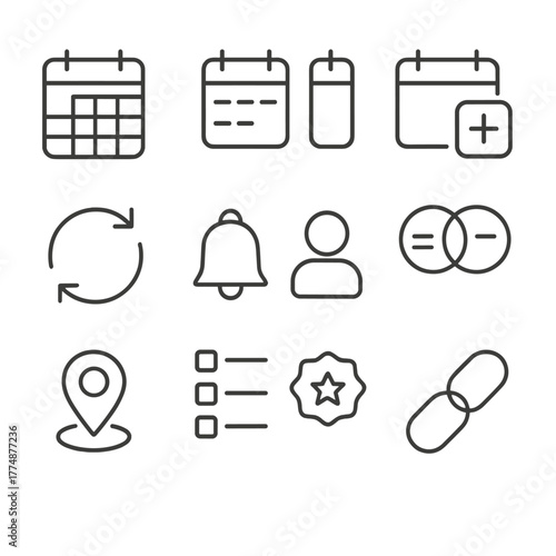 Calendar Icon Set. Outline icon set of calendar and scheduling: month view, week view, day view, add event,