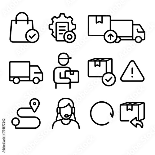 Order Tracking Icons. Outline icon set of order tracking: order placed, processing, packed, shipped, out for