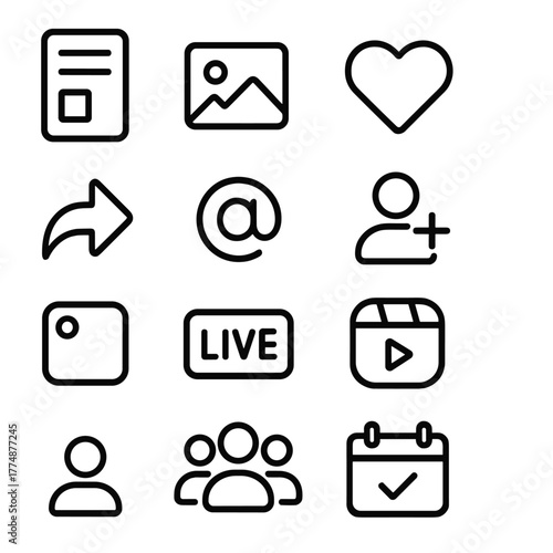 Icon Set Grid. Outline icon set of social and community: feed, post, like, comment, share, mention, follow,
