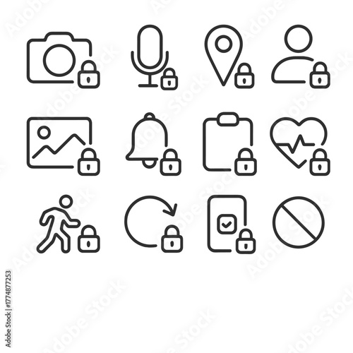 Privacy Icons Grid. Outline icon set of privacy and permissions: camera access, microphone access, location