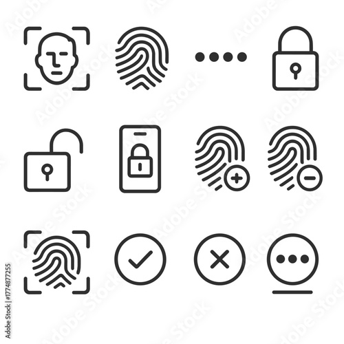 Biometric Security Icons. Outline icon set of biometric security: face ID, touch ID, passcode dots, lock,