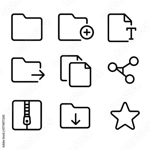 File Manager Icons. Outline icon set of file manager: folder, new folder, file, rename, move, copy, delete,
