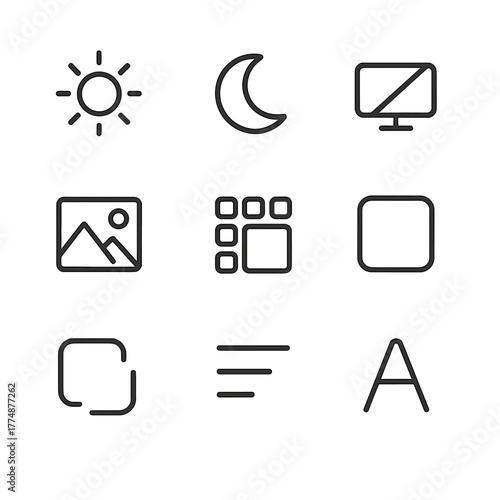 Theme Icon Set. Outline icon set of themes and appearance: light mode, dark mode, auto mode, accent color,