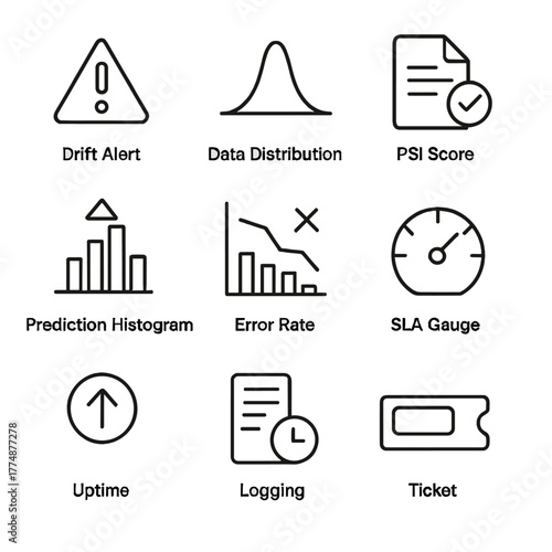 Model Monitoring Icons. Outline icon set of speech and audio AI: microphone, waveform, spectrogram, ASR, TTS,