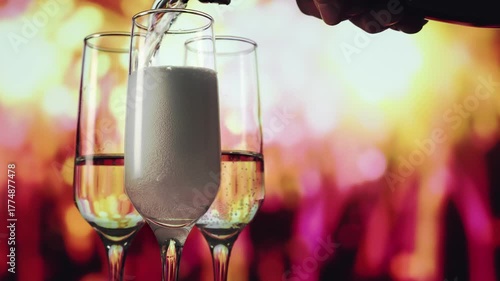 Elegant champagne glasses overflowing joy, Festive setting with bubbling champagne and bright lights