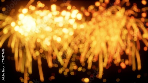 Golden sparks illuminate night, Shimmering fireworks burst with lively energy against dark sky