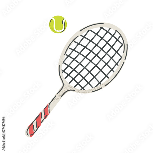 Tennis racket and ball. Simple flat design. Icon for sports-related content, active recreation, outdoor activities, and healthy lifestyle. Vector illustration