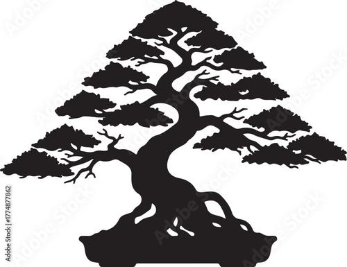 Black silhouette of a stylized bonsai tree with a thick trunk and spreading branches outline on transparent background