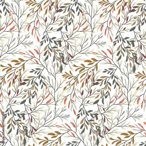 Delicate autumn leaves and branches seamless pattern. Elegant botanical design in warm earthy tones. For fabric, wrapping paper, background. Vector illustration