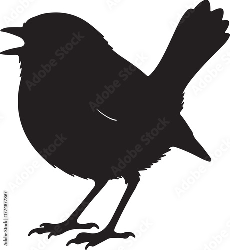 Black silhouette of a small bird with its beak open, standing on its legs outline isolated on transparent background