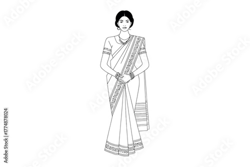 A woman dressed in a traditional saree stands with her hands clasped in front of her.